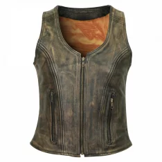 High Mileage HML1031DB Womens Vintage Distressed Brown Premium Cowhide Leather Motorcycle Vest