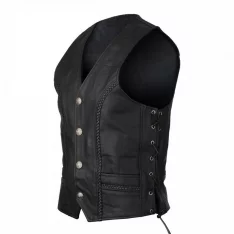 HMM908 - Men's Black Straight Bottom Motorcycle Leather Vest With Buffalo Nickel Snaps