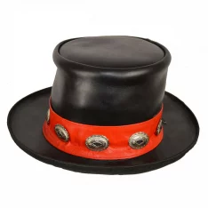 VA607 - Men Black Leather Mad Hatter Top Hat with Red Stripe and Conchos