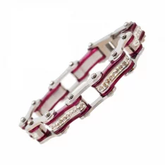 VJ1103 Two Tone Silver and Candy Purple Ladies Bike Chain Bracelet with White Crystal Centers